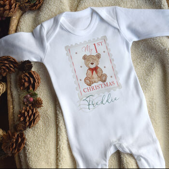 Personalised ‘My 1st Christmas’ Postage Stamp Bear Outfit, 5 of 5