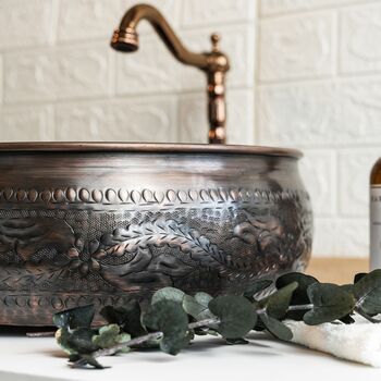 Hand Engraved Dark Copper Vessel Sink For Kitchen And Bathroom, 400 Mm Diameter, 2 of 6