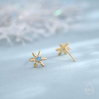 Blue Cz Snowflake Stud Earrings In Sterling Silver, 4 of 12