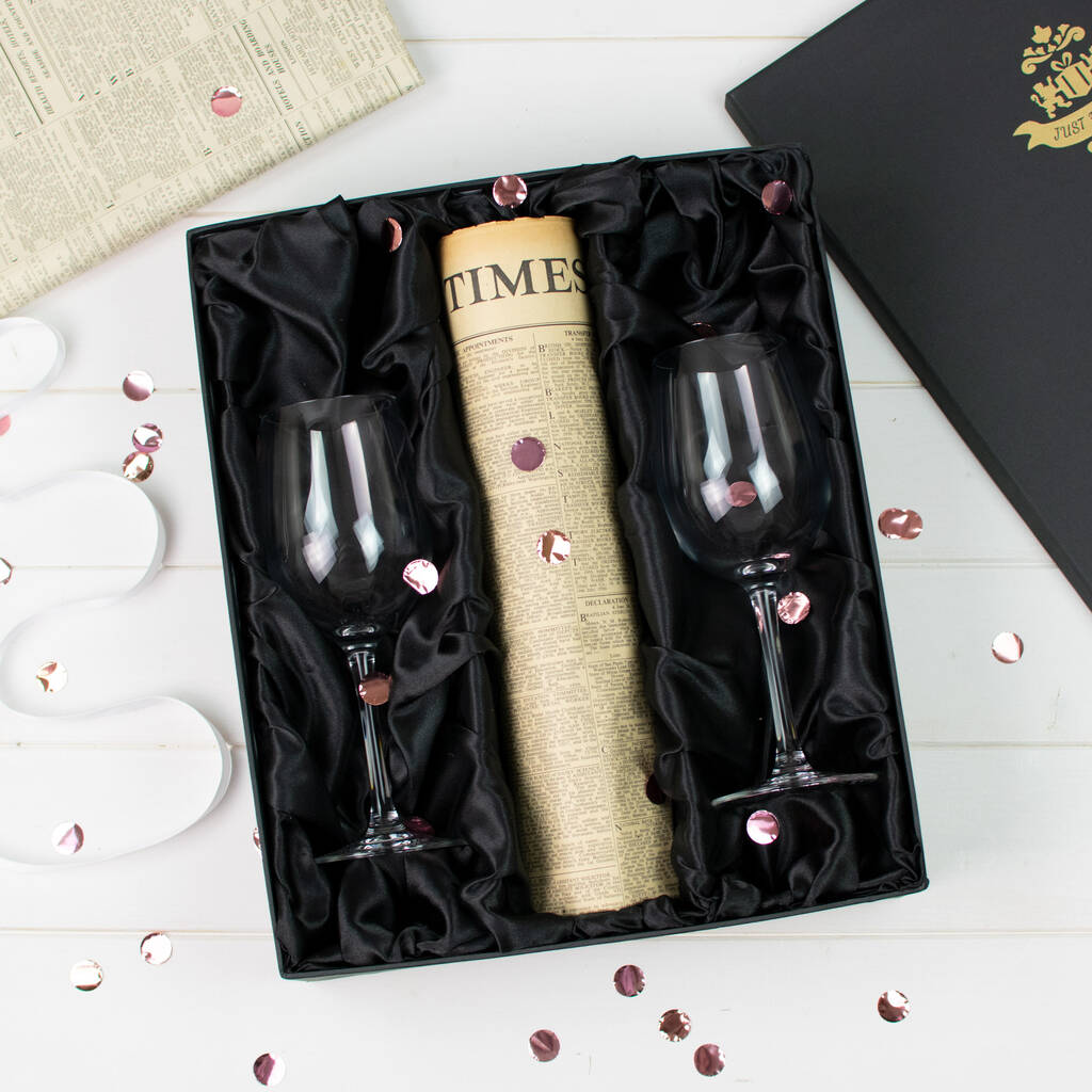 Set Of Wine Glasses And Birth Date Newspaper Gift Set By Jonny's Sister
