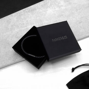 Personalised Men's Black Matt Shackle And Woven Leather Bracelet, 11 of 11