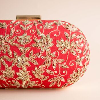 Ishaani Oval Clutch, Red Silk, 3 of 4