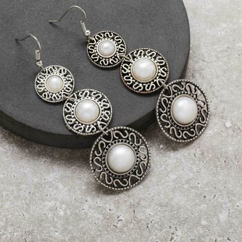 Antique Silver Colour Pearl Vintage Drop Earrings, 2 of 3