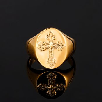 Gold Plated Chunky Cross Ring For Men Steel Signet Ring, 3 of 9