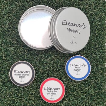 Set Of Three Personalised Golf Ball Markers In A Personalised Tin, 4 of 7
