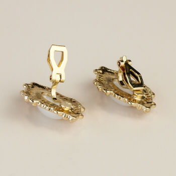Gold Framed Oval Pearl Clip On Earrings, 2 of 3
