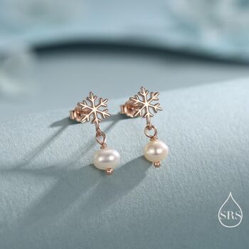 Sterling Silver Snowflake And Natural Pearl Stud Earrings, 3 of 12
