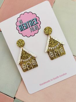 Gingerbread House Glitter Christmas Earrings / Festive Jewellery / Novelty Dangles / Christmas Gift / Sparkly Holiday Accessories, 5 of 6
