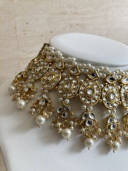 Indian Gold Plated Kundan And Pearl White Choker Set, 3 of 8