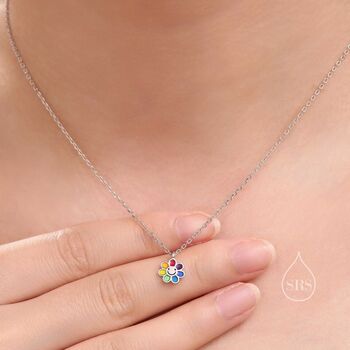 Sterling Silver Enamel Smiling Flower Pendant Necklace, 8 of 10