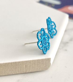 Electric Blue Lace Flower Stud Earrings, 2 of 3