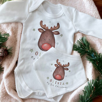 Personalised Baby’s First Christmas Outfit – Watercolour Reindeer, 3 of 5