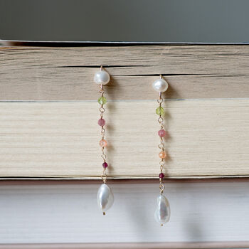 Gemstone And Keshi Pearl Long Drop Earrings, 3 of 7