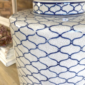 Blue And Stone Ikat Design Crackled Ceramic Lamp, 4 of 4