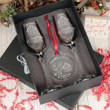 Pair Of 1st Christmas At A New Home Champagne Flutes And Decoration, 2 of 5