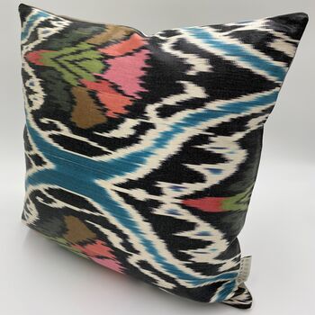 Square Ikat Silk Cushion Pink And Black Tulip, 2 of 6