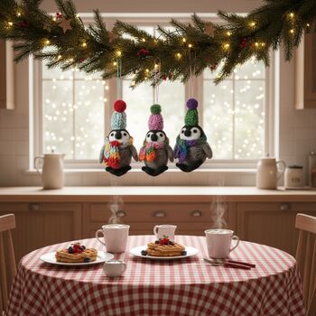 Handmade Felt Frosty Penguins Christmas Decorations Set Of Three, 4 of 5