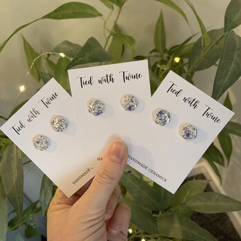 Blue Floral Ceramic Hexagon Earrings Vintage Blue, 2 of 11