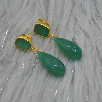 Green Onyx Gold Plated Sterling Silver Drop Earrings, 5 of 9