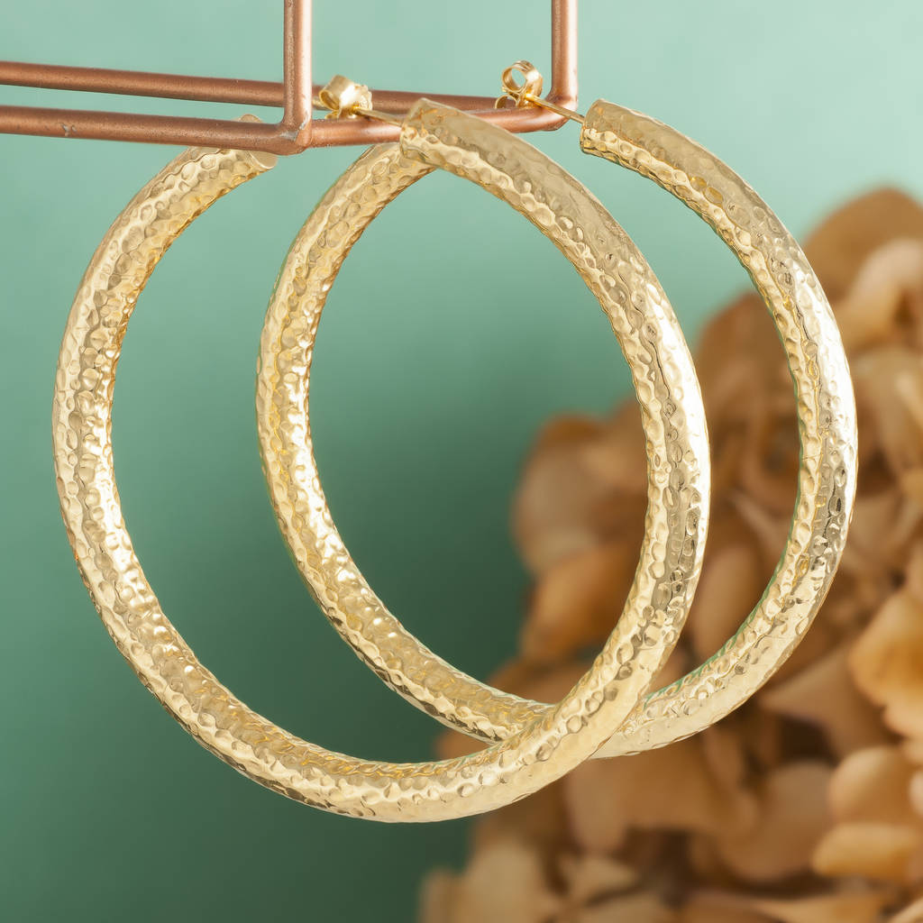 Thick Hammered Hoop Earrings In Gold Plate And Silver By Loel