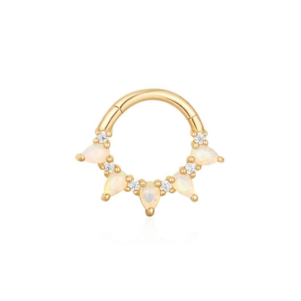 14k Solid Gold Genuine Opal And Diamond Daith Hoop, 1 of 3