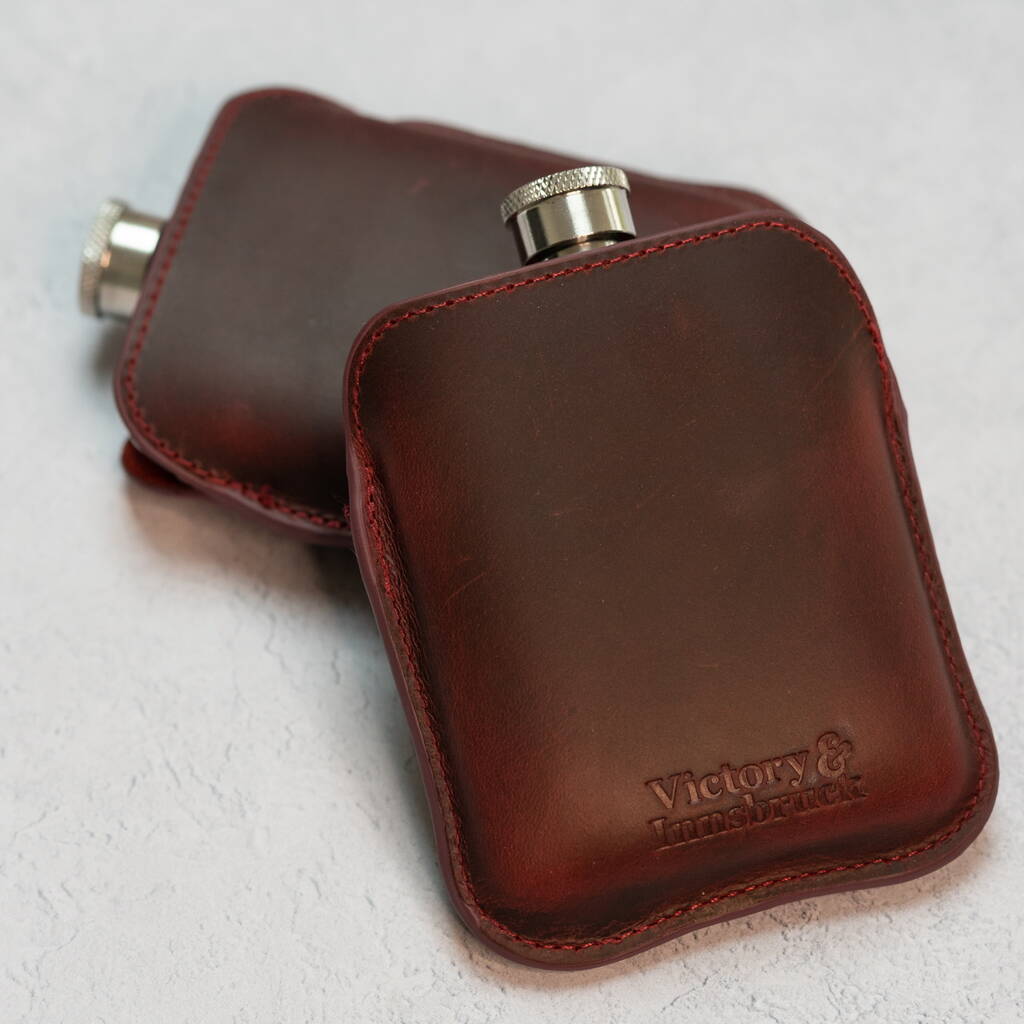 Burgundy Leather Cased Hip Flask 6oz Stainless Steel, 1 of 12