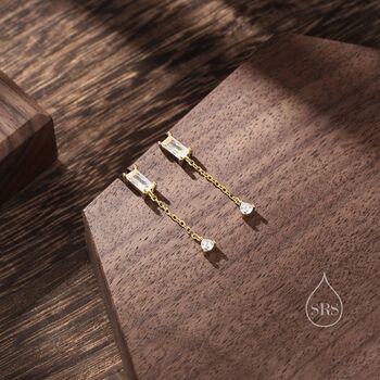 Baguette Cz Dangle Chain Stud Drop Earrings, 7 of 12