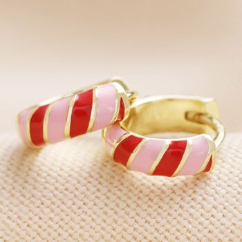 Enamel Striped Huggie Hoop Earrings In Red And Pink, 2 of 7