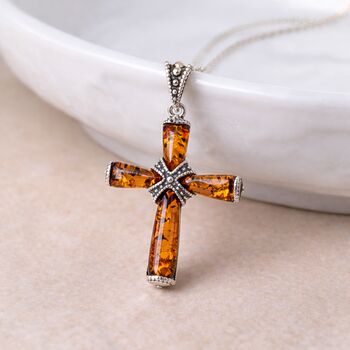 Personalised Sterling Silver Baltic Amber Cross Pendant Necklace, 4 of 11