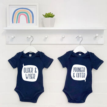 Twin Babygrow Set Older And Wiser Vs Younger And Cuter, 2 of 5