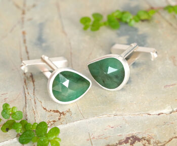 Natural Teardrop Emerald Cufflinks In Solid Sterling Silver, 2 of 3