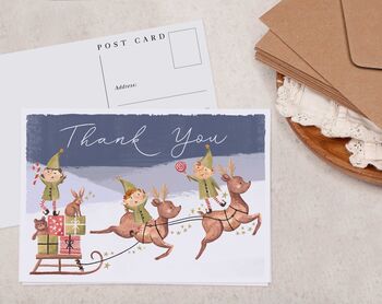 Christmas Elves And Sleigh Thank You A6 Postcard Pack, 2 of 3