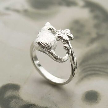 Sterling Silver Cat And Flower Adjustable Ring, 4 of 6