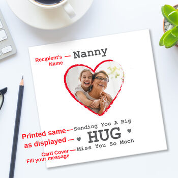 Personalised 'Sending A Hug' Heart Photo Card, 2 of 3