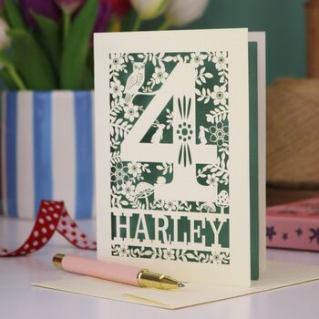 Personalised 4th Birthday Card Papercut Woodland Design, 6 of 7
