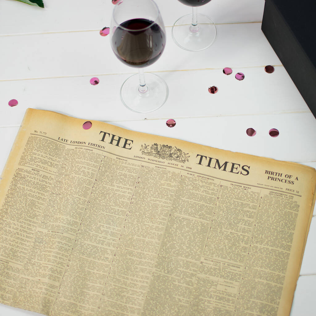 Set Of Wine Glasses And Birth Date Newspaper Gift Set By Jonny's Sister