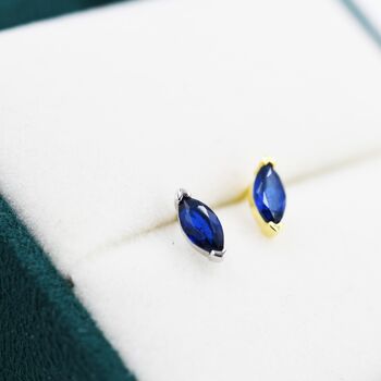 Sterling Silver Marquise Sapphire Blue Stud Earrings, 2 of 11