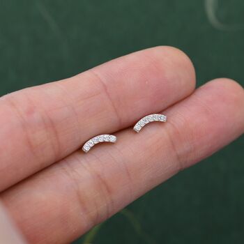Sterling Silver Cz Tiny Curved Bar Stud Earrings, 7 of 12