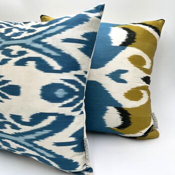 Square Ikat Silk Cushion Blue Abstract Ikat, 5 of 8