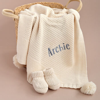 Personalised Ivory Knitted Blanket, Booties And Bunny Comforter Gift Box, 6 of 8