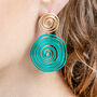 Green Coiled Double Wire Disc Drop Earrings, thumbnail 2 of 3