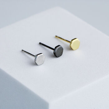 Sterling Silver Minimalist Hexagon Stud Earrings, 2 of 5