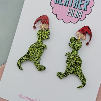 Christmas T Rex Dinosaur Santa Hat Glitter Earrings, 2 of 4