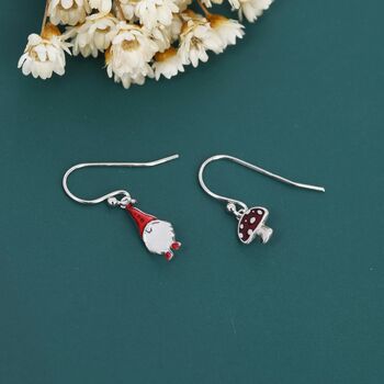 Mismatched Gnome And Mushroom Drop Hook Earrings In Sterling Silver With Hand Painted Enamel, 3 of 7