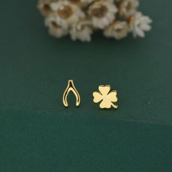 Mismatched Wishbone And Clover Leaf Stud Earrings In Sterling Silver, 3 of 12