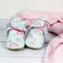 Dotty Fish Rainbow Cotton Baby Booties With Fleece Lining And Barefoot Soles, thumbnail 4 of 8