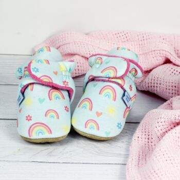 Dotty Fish Rainbow Cotton Baby Booties With Fleece Lining And Barefoot Soles, 4 of 8