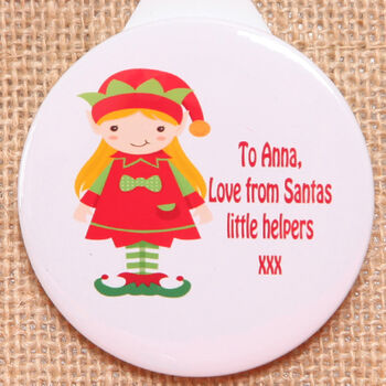 Mini Jute Gift Sack With Personalised Elf Badge – Boy Or Girl Design, 2 of 3