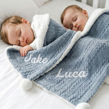 Personalised Twins Cable Knit Pom Pom Blankets, 7 of 12
