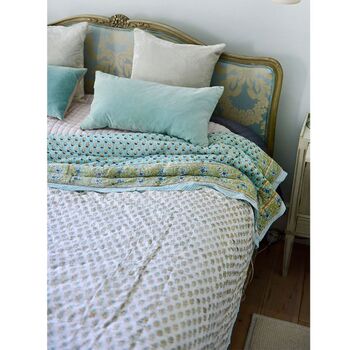 Turquoise Floral Indian Block Printed Cotton Bed Quilt, 3 of 5